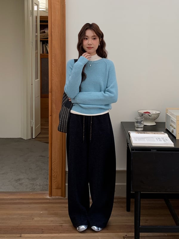 Γυναικείες casual παντελόνες με ψηλή μέση, χοντρό πλεκτό ύφασμα, φαρδιά ίσια γραμμή, με ζώνη, μακριές 0732