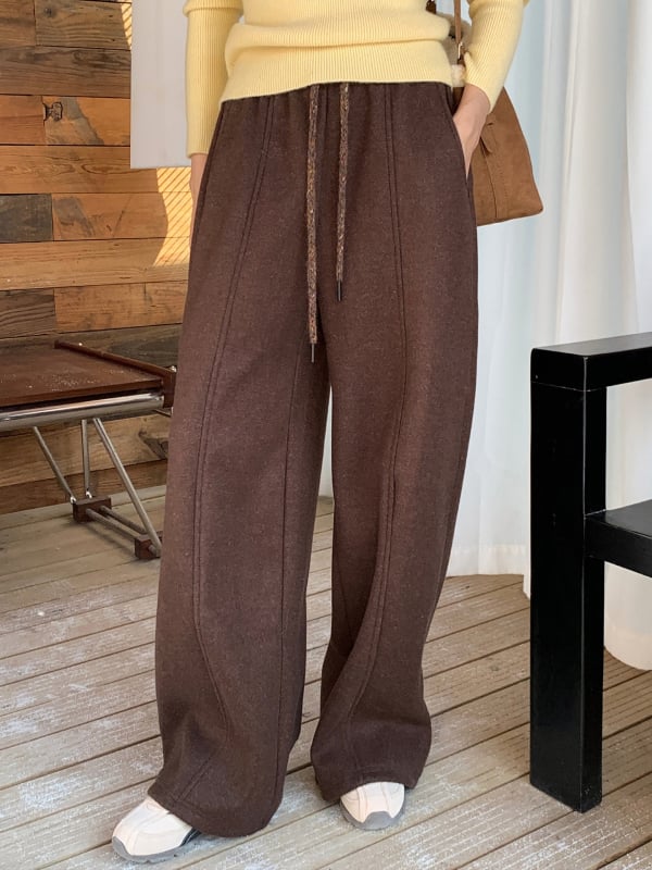 Γυναικείες casual παντελόνες με ψηλή μέση, χοντρό πλεκτό ύφασμα, φαρδιά ίσια γραμμή, με ζώνη, μακριές 0732