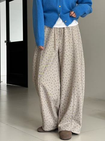 Γυναικείες φαρδιές παντελόνες με μικροανθο μοτίβο, φλις επένδυση, ελαστική μέση, χειμερινό casual, μίγμα βαμβακιού-πολυεστέρα