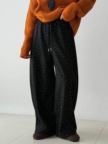 Γυναικείες φαρδιές παντελόνες με μικροανθο μοτίβο, φλις επένδυση, ελαστική μέση, χειμερινό casual, μίγμα βαμβακιού-πολυεστέρα