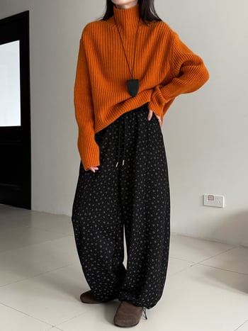 Γυναικείες φαρδιές παντελόνες με μικροανθο μοτίβο, φλις επένδυση, ελαστική μέση, χειμερινό casual, μίγμα βαμβακιού-πολυεστέρα