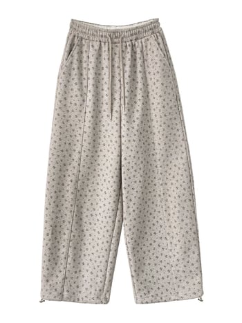 Γυναικείες φαρδιές παντελόνες με μικροανθο μοτίβο, φλις επένδυση, ελαστική μέση, χειμερινό casual, μίγμα βαμβακιού-πολυεστέρα