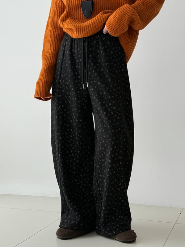 Γυναικείες φαρδιές παντελόνες με μικροανθο μοτίβο, φλις επένδυση, ελαστική μέση, χειμερινό casual, μίγμα βαμβακιού-πολυεστέρα