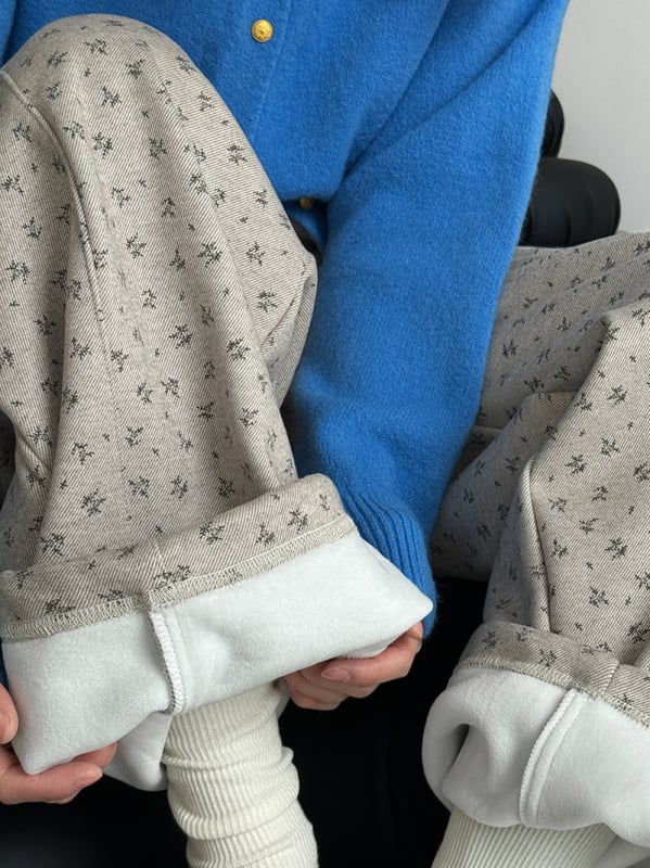 Γυναικείες φαρδιές παντελόνες με μικροανθο μοτίβο, φλις επένδυση, ελαστική μέση, χειμερινό casual, μίγμα βαμβακιού-πολυεστέρα