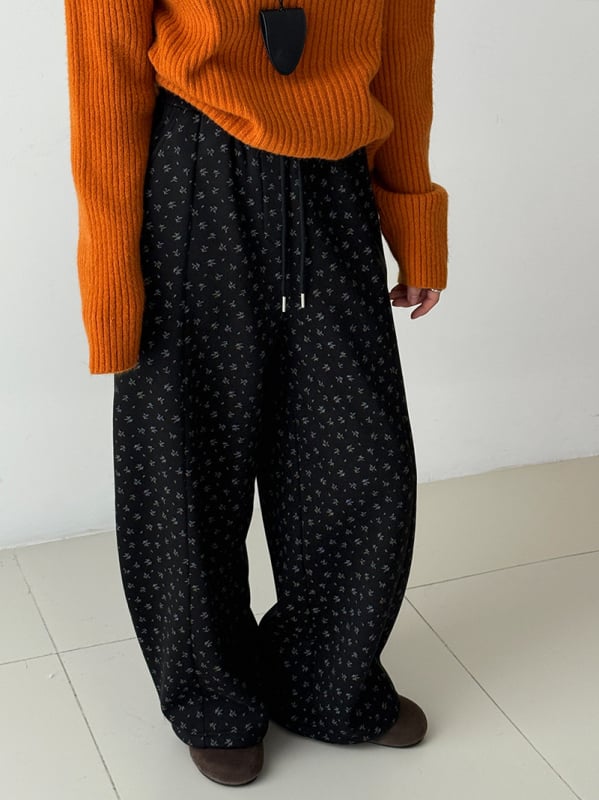 Γυναικείες φαρδιές παντελόνες με μικροανθο μοτίβο, φλις επένδυση, ελαστική μέση, χειμερινό casual, μίγμα βαμβακιού-πολυεστέρα