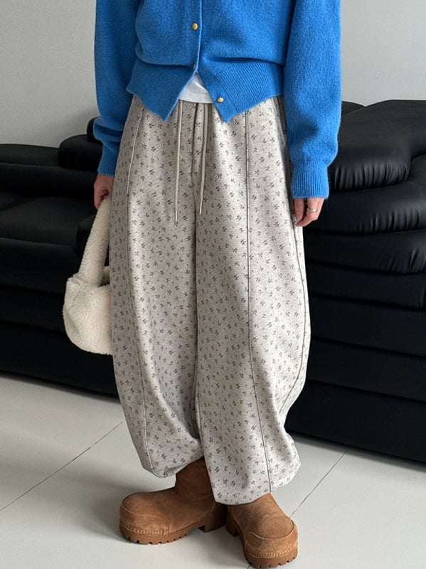 Γυναικείες φαρδιές παντελόνες με μικροανθο μοτίβο, φλις επένδυση, ελαστική μέση, χειμερινό casual, μίγμα βαμβακιού-πολυεστέρα
