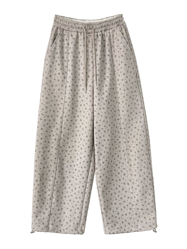 Γυναικείες φαρδιές παντελόνες με μικροανθο μοτίβο, φλις επένδυση, ελαστική μέση, χειμερινό casual, μίγμα βαμβακιού-πολυεστέρα