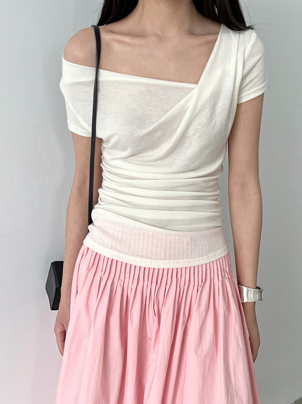 Ženska majica od Tencel-vuna mješavine, francuski stil, Windsor ovratnik, kratki rukavi, uski kroj, detalj collage šivanja