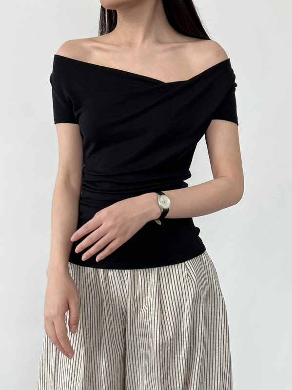 Ženska majica od Tencel-vuna mješavine, francuski stil, Windsor ovratnik, kratki rukavi, uski kroj, detalj collage šivanja