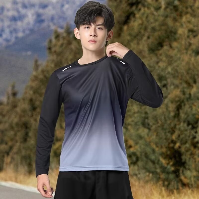 Muški sportski T-shirt s dugačkim rukavima, slobodan kroj, prozračni poliester, okrugli izrez, gradijentni uzorak