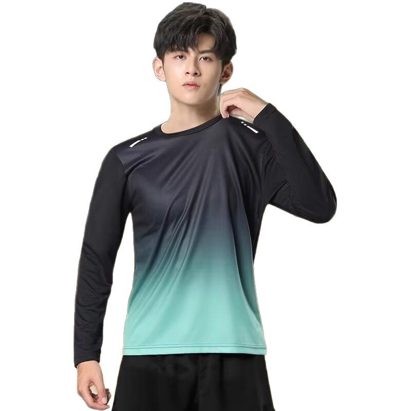 Muški sportski T-shirt s dugačkim rukavima, slobodan kroj, prozračni poliester, okrugli izrez, gradijentni uzorak