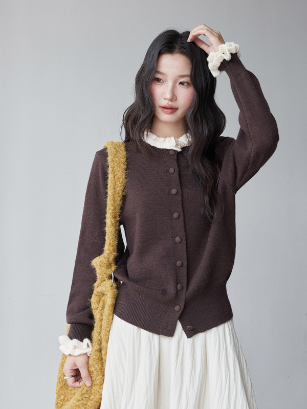 Ζακέτα με δαντελένιο γιακά και διπλό δαντελωτό πλέξιμο, κουκούλα, color-block μοτίβο, N721C