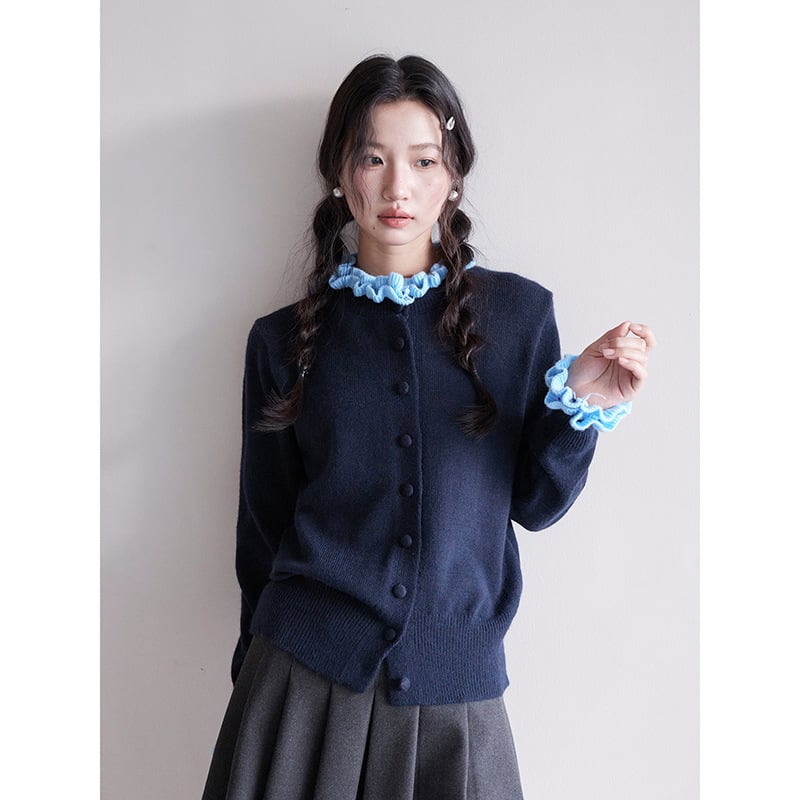 Ζακέτα με δαντελένιο γιακά και διπλό δαντελωτό πλέξιμο, κουκούλα, color-block μοτίβο, N721C