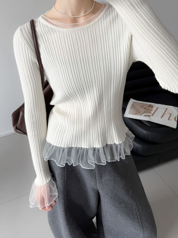 Γυναικεία πλεκτή μπλούζα με δαντελένια φάσα – ακρυλικό, στρογγυλός λαιμός, μακριά μανίκια, κανονικό μήκος, πουλόβερ (0052)