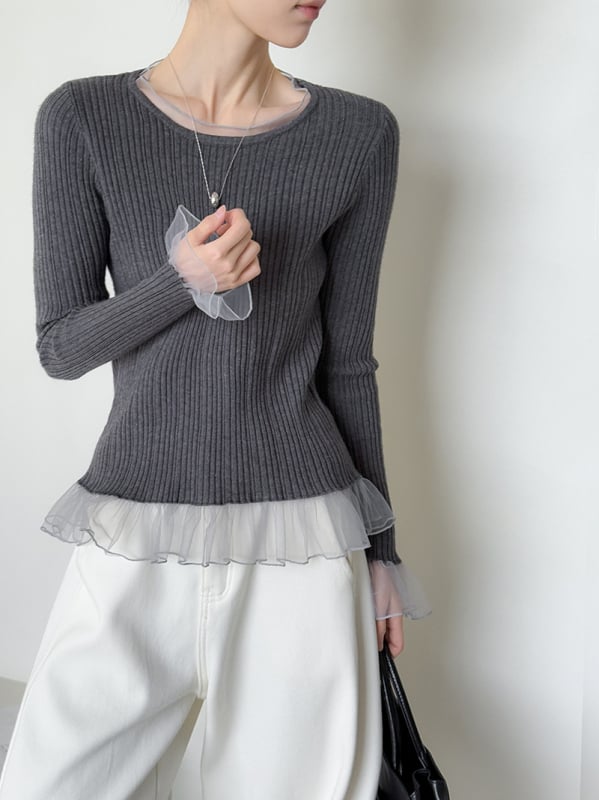 Γυναικεία πλεκτή μπλούζα με δαντελένια φάσα – ακρυλικό, στρογγυλός λαιμός, μακριά μανίκια, κανονικό μήκος, πουλόβερ (0052)