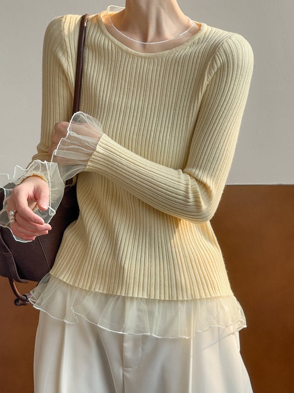 Γυναικεία πλεκτή μπλούζα με δαντελένια φάσα – ακρυλικό, στρογγυλός λαιμός, μακριά μανίκια, κανονικό μήκος, πουλόβερ (0052)