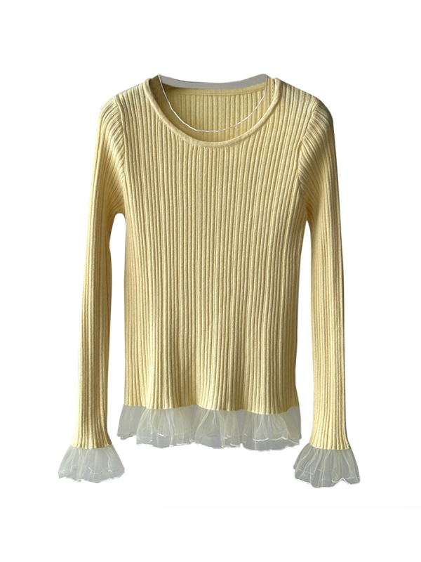 Γυναικεία πλεκτή μπλούζα με δαντελένια φάσα – ακρυλικό, στρογγυλός λαιμός, μακριά μανίκια, κανονικό μήκος, πουλόβερ (0052)