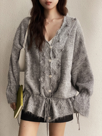 Apxivi πολυεστερικό cardigan με V-neck, μεσαίου μήκους 65–80 εκ., μακριά μανίκια, κορεατικό στυλ χαλάρωσης