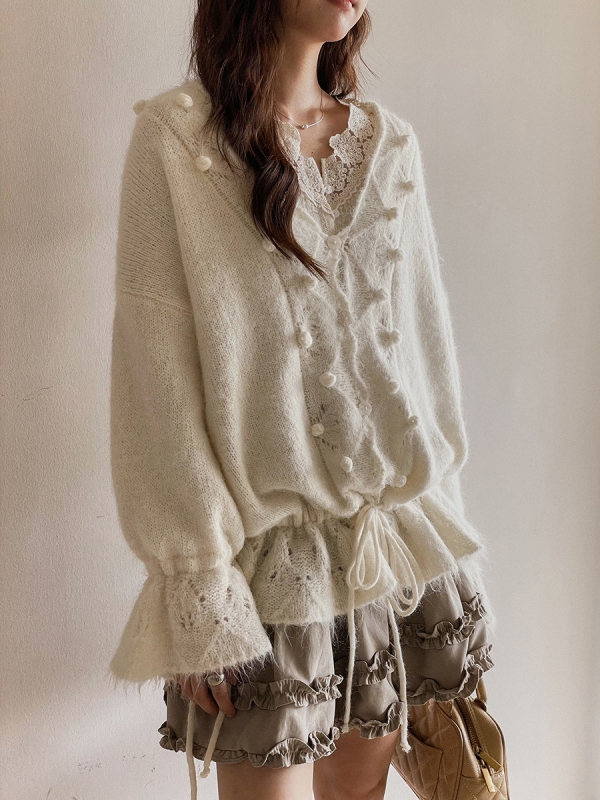 Apxivi πολυεστερικό cardigan με V-neck, μεσαίου μήκους 65–80 εκ., μακριά μανίκια, κορεατικό στυλ χαλάρωσης