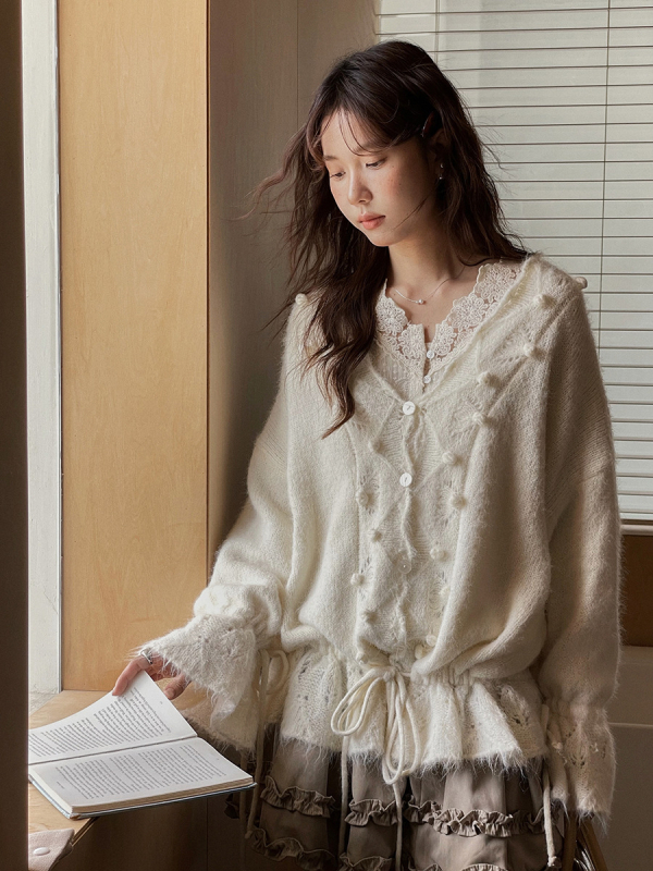 Apxivi πολυεστερικό cardigan με V-neck, μεσαίου μήκους 65–80 εκ., μακριά μανίκια, κορεατικό στυλ χαλάρωσης