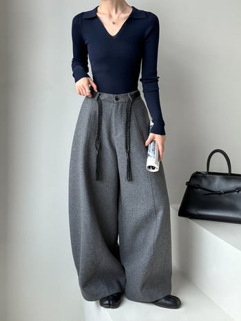 Καθημερινά παντελόνια από μαλλί, με υψηλή μέση, φαρδιά γραμμή, Κορεάτικου στυλ, φθινοπωρινό 2025