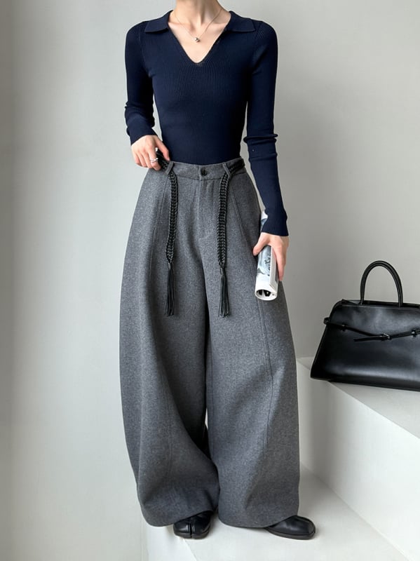 Καθημερινά παντελόνια από μαλλί, με υψηλή μέση, φαρδιά γραμμή, Κορεάτικου στυλ, φθινοπωρινό 2025