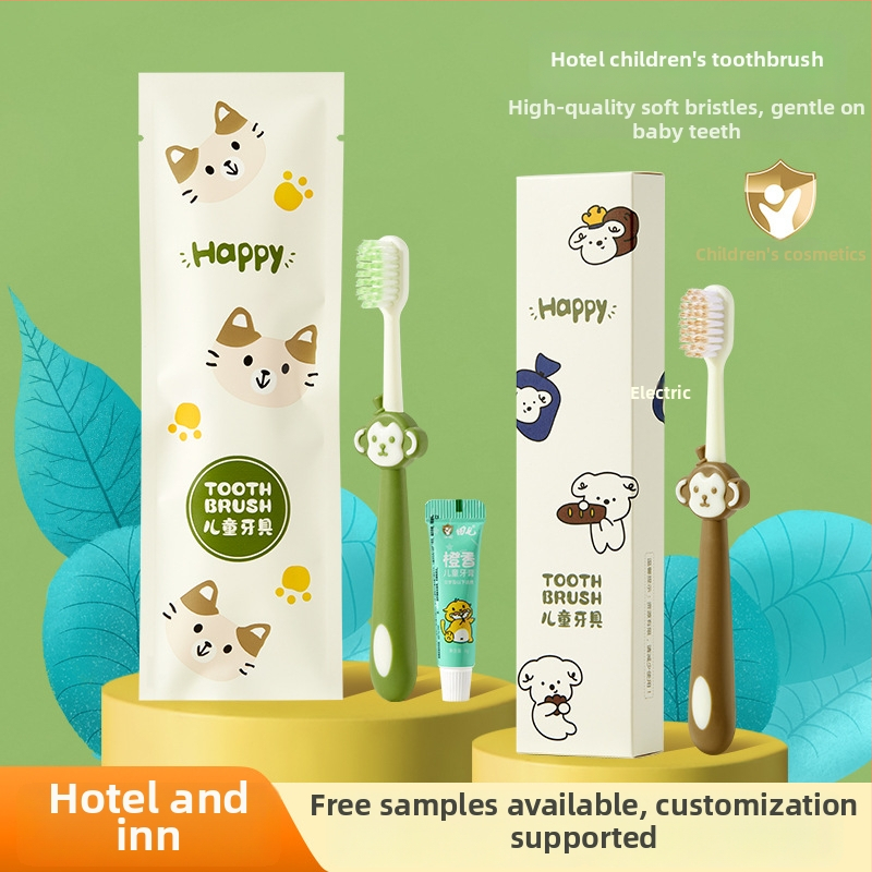 Детски комплект за еднократна употреба: зъбни четки и паста за зъби, карикатурен стил, пластмаса, печат на лого наличен, кутия 1000 бр
