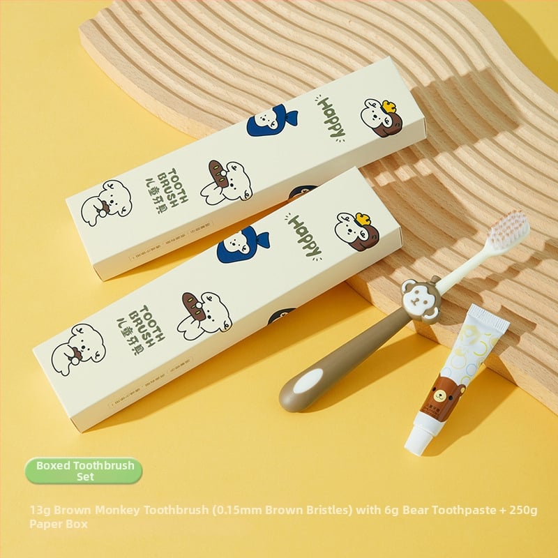 Детски комплект за еднократна употреба: зъбни четки и паста за зъби, карикатурен стил, пластмаса, печат на лого наличен, кутия 1000 бр