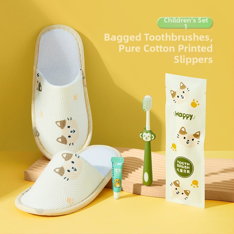 Детски комплект за еднократна употреба: зъбни четки и паста за зъби, карикатурен стил, пластмаса, печат на лого наличен, кутия 1000 бр