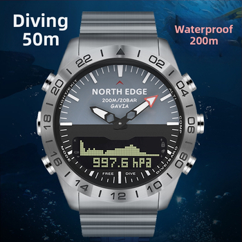 Férfi kültéri quartz óra kettős kijelzővel, 200 m vízállóság, rozsdamentes acél tokkal és szíjjal, hőmérő, magasságmérő, holdfázis