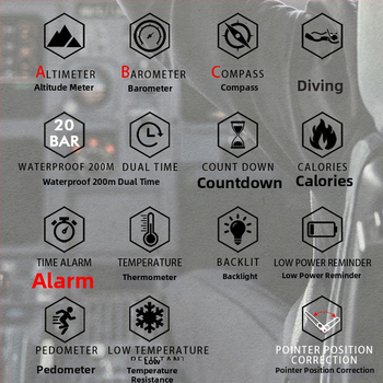 Férfi kültéri quartz óra kettős kijelzővel, 200 m vízállóság, rozsdamentes acél tokkal és szíjjal, hőmérő, magasságmérő, holdfázis