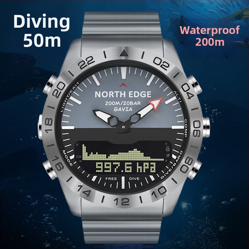 Férfi kültéri quartz óra kettős kijelzővel, 200 m vízállóság, rozsdamentes acél tokkal és szíjjal, hőmérő, magasságmérő, holdfázis