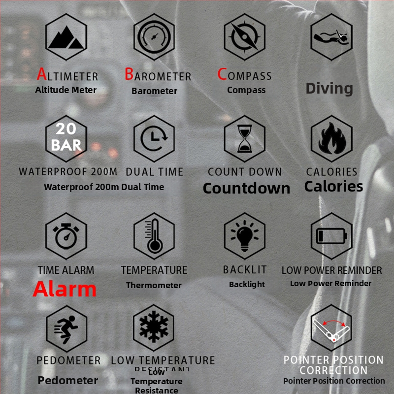 Férfi kültéri quartz óra kettős kijelzővel, 200 m vízállóság, rozsdamentes acél tokkal és szíjjal, hőmérő, magasságmérő, holdfázis