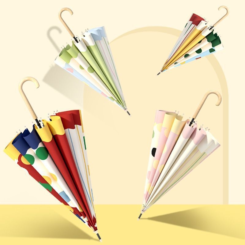 Umbrelă cu 16 spițe, mâner din lemn masiv, lungă, protecție UV UPF50+, formă dreaptă, deschidere manuală