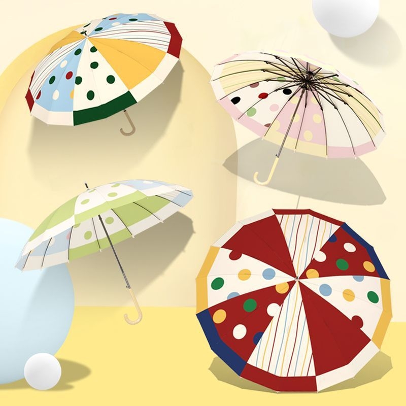 Umbrelă cu 16 spițe, mâner din lemn masiv, lungă, protecție UV UPF50+, formă dreaptă, deschidere manuală