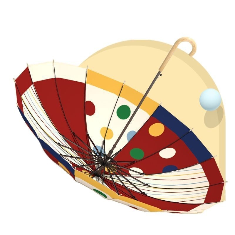 Umbrelă cu 16 spițe, mâner din lemn masiv, lungă, protecție UV UPF50+, formă dreaptă, deschidere manuală