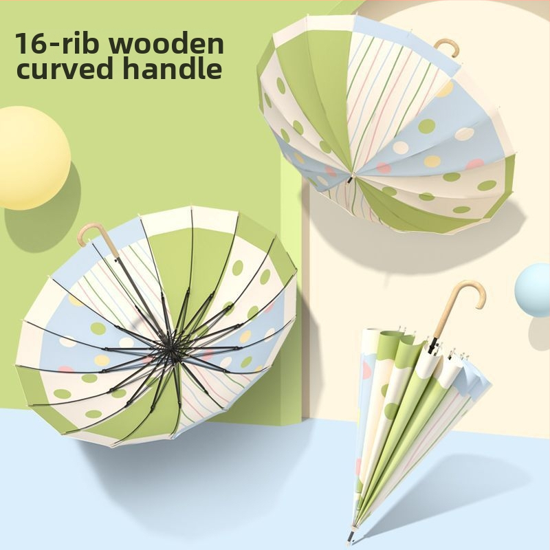 Umbrelă cu 16 spițe, mâner din lemn masiv, lungă, protecție UV UPF50+, formă dreaptă, deschidere manuală