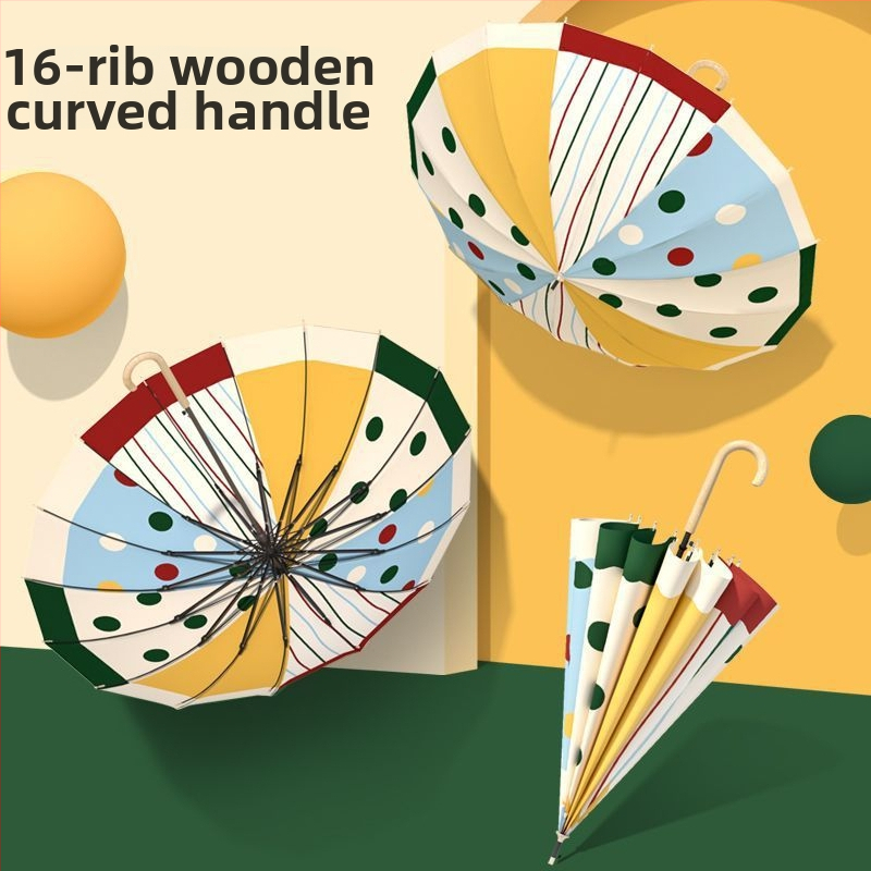 Umbrelă cu 16 spițe, mâner din lemn masiv, lungă, protecție UV UPF50+, formă dreaptă, deschidere manuală