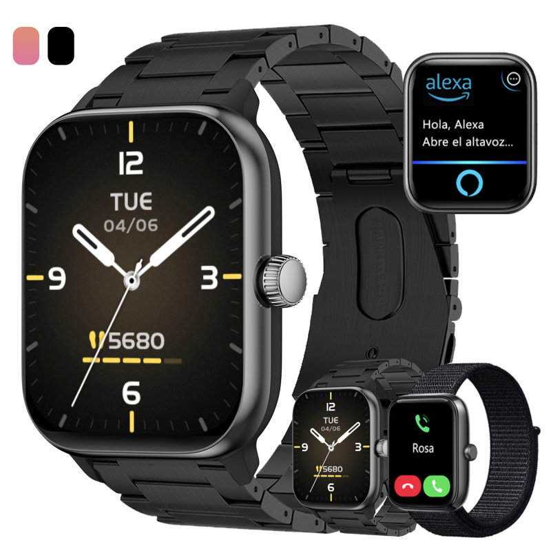Ceas inteligent GTX10 cu asistent vocal Alexa, apeluri Bluetooth, monitorizare ritm cardiac și oxigen din sânge, curea din silicon, design sportiv