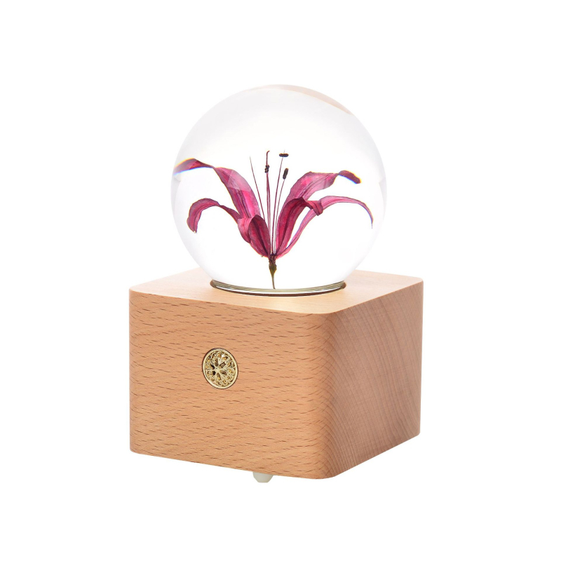 Музикална кутия-нощна лампа със слънчоглед от смола в кристална топка — Ode to Flowers; персонализирана; печатано лого; полирана повърхност; модерен минималистичен стил