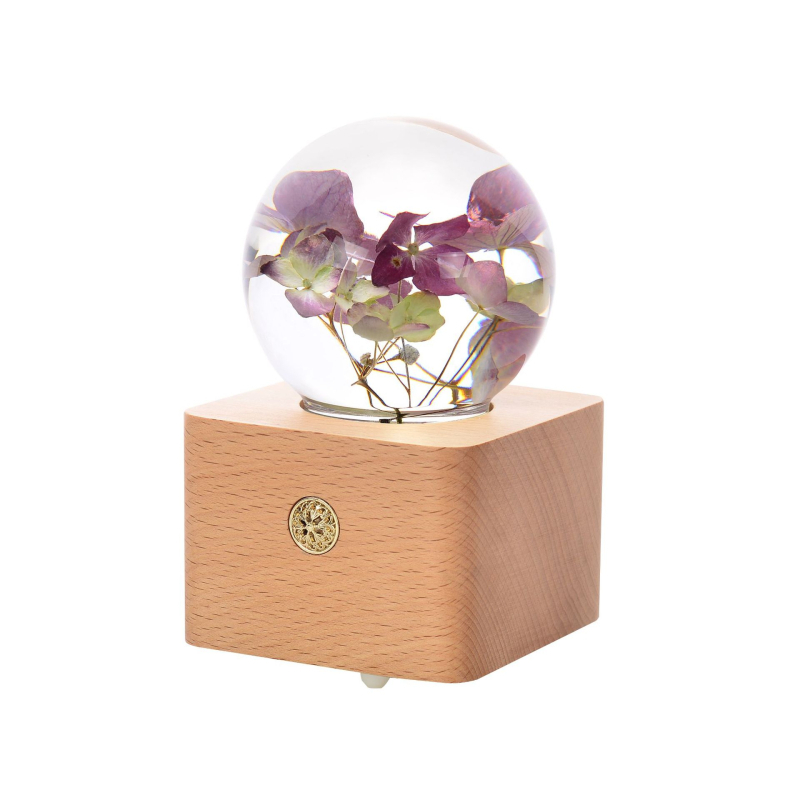 Музикална кутия-нощна лампа със слънчоглед от смола в кристална топка — Ode to Flowers; персонализирана; печатано лого; полирана повърхност; модерен минималистичен стил