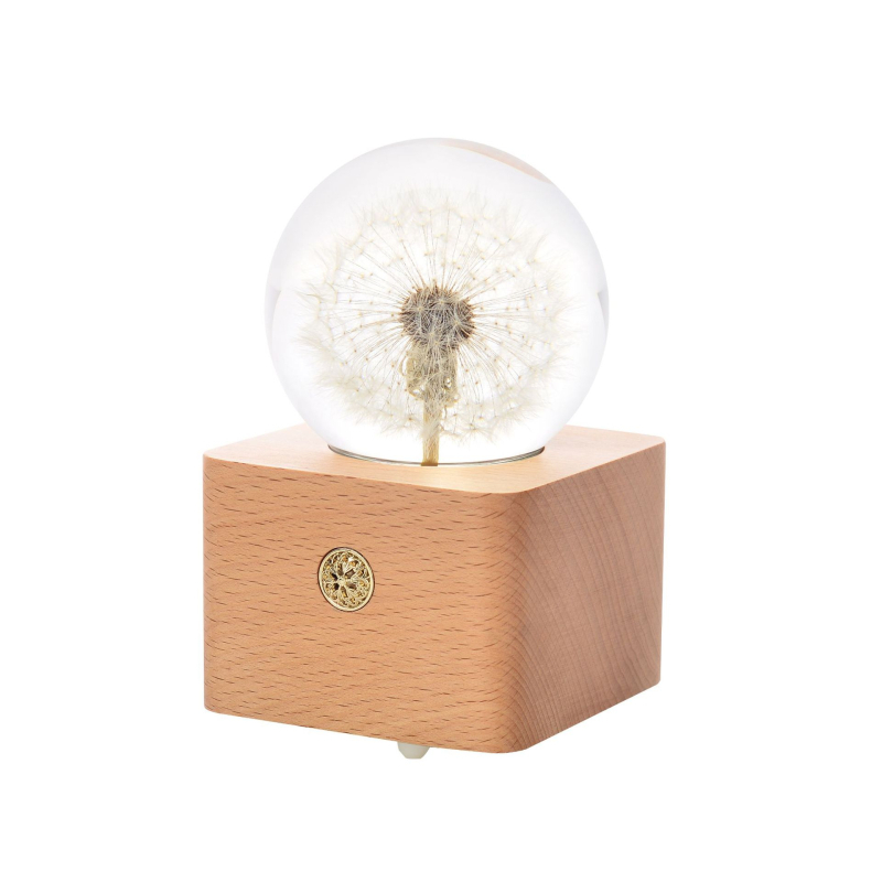 Музикална кутия-нощна лампа със слънчоглед от смола в кристална топка — Ode to Flowers; персонализирана; печатано лого; полирана повърхност; модерен минималистичен стил