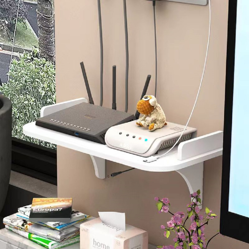 Zidni držač za ruter i uređaje, bez bušenja, ploča drvo-plastika, moderni minimalistički dizajn, jednostruki polični regal, pogodan za ruter, projektor, Wi‑Fi i TV box, kućna upotreba