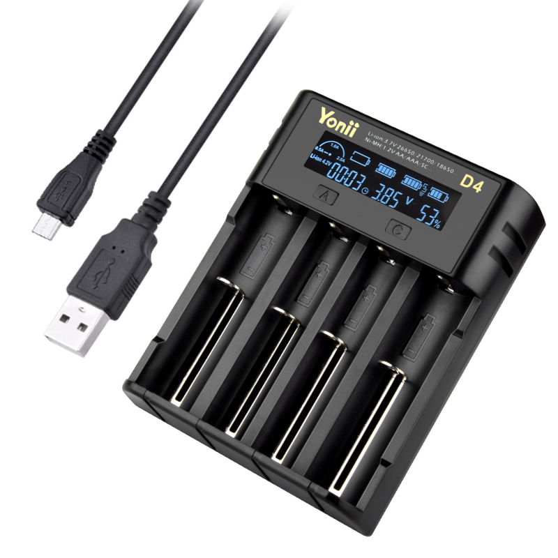 YONII 4‑slotni punjač za 18650/21700 Li‑ion i 26650 NiMH s LCD, ulaz 5V2A, izlaz 4.2V2A, struja punjenja 2000 mA
