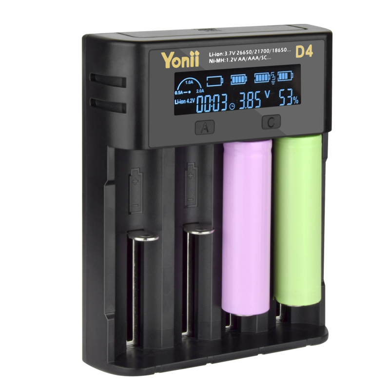 YONII 4‑slotni punjač za 18650/21700 Li‑ion i 26650 NiMH s LCD, ulaz 5V2A, izlaz 4.2V2A, struja punjenja 2000 mA