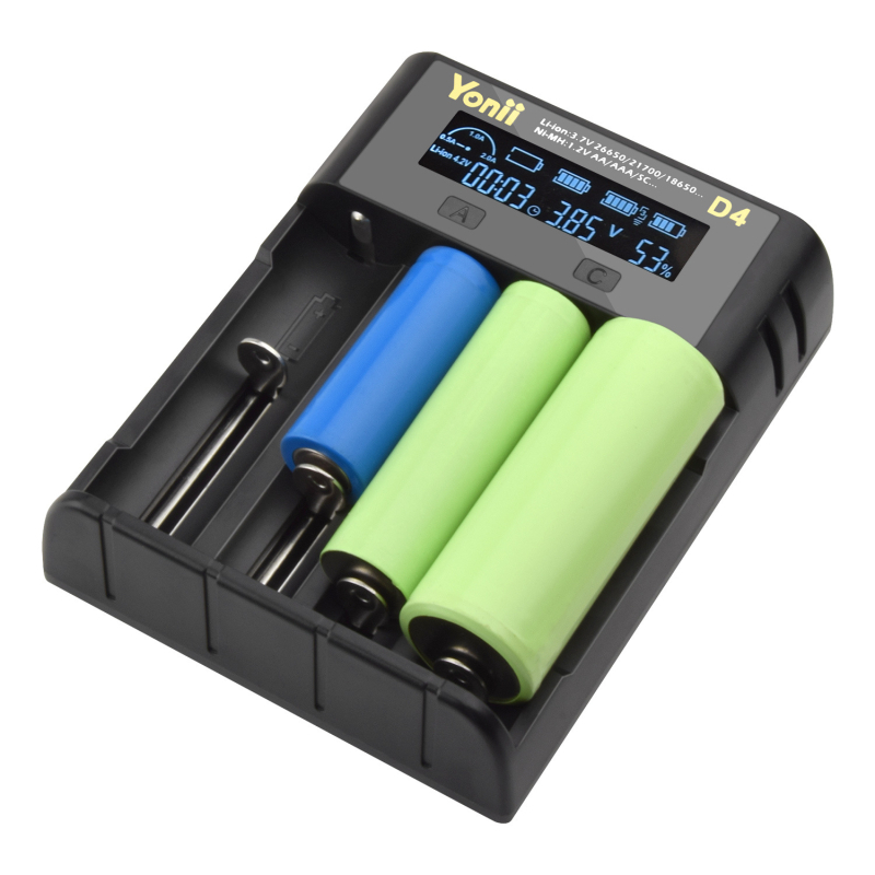 YONII 4‑slotni punjač za 18650/21700 Li‑ion i 26650 NiMH s LCD, ulaz 5V2A, izlaz 4.2V2A, struja punjenja 2000 mA