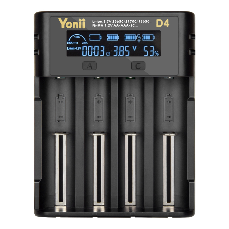 YONII 4‑slotni punjač za 18650/21700 Li‑ion i 26650 NiMH s LCD, ulaz 5V2A, izlaz 4.2V2A, struja punjenja 2000 mA