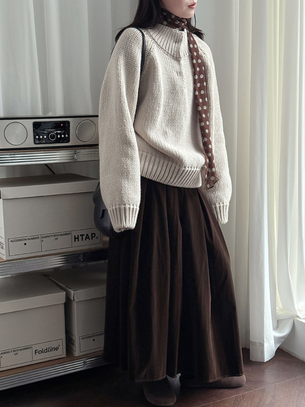 Γυναικείος πλεκτός πουλόβερ σε κορεάτικό στυλ με μισουψηλό γιακά, ακρυλικό πλέξιμο, μακριά μανίκια, φαρδιά γραμμή