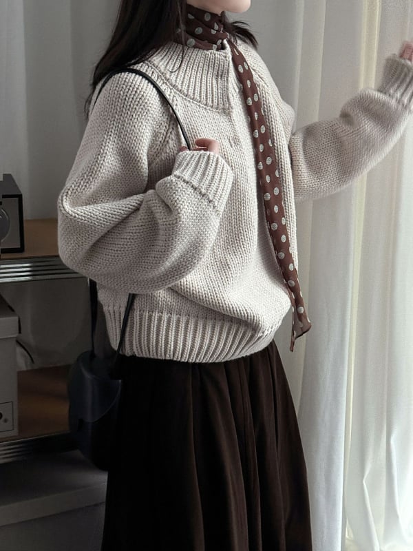 Γυναικείος πλεκτός πουλόβερ σε κορεάτικό στυλ με μισουψηλό γιακά, ακρυλικό πλέξιμο, μακριά μανίκια, φαρδιά γραμμή