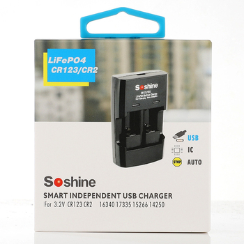 Soshine punjač za željezo-litijske baterije CR123/CR2, 16340/14250, 3.6V, 2x500mA, ulaz 5V, CE